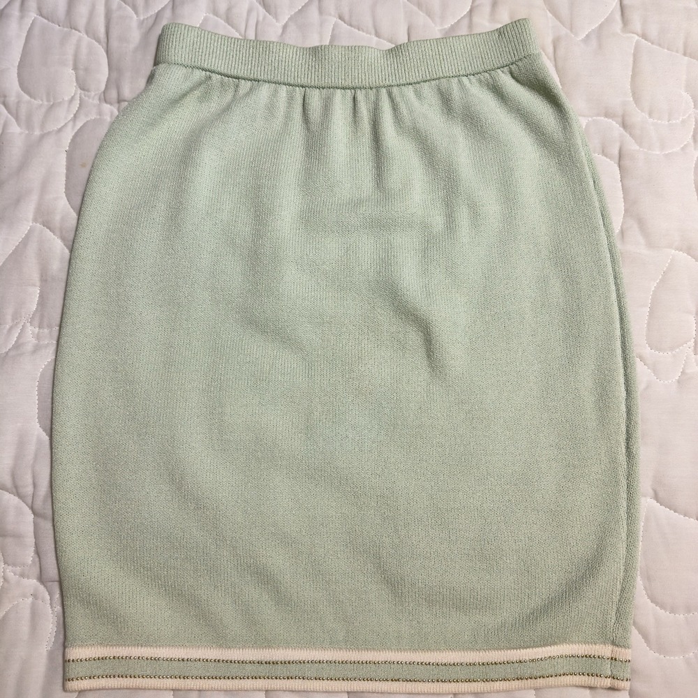 St. John Collection Sz 10 Medium Wool Blend Santana Knit Mint Green Skirt Stripe